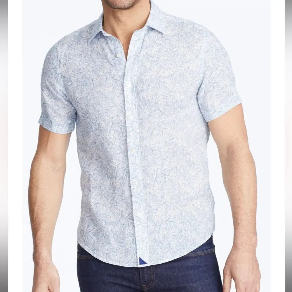 UNTUCKit Linen Leaf Print Short Sleeve Terlan Button Down Shirt Size L
